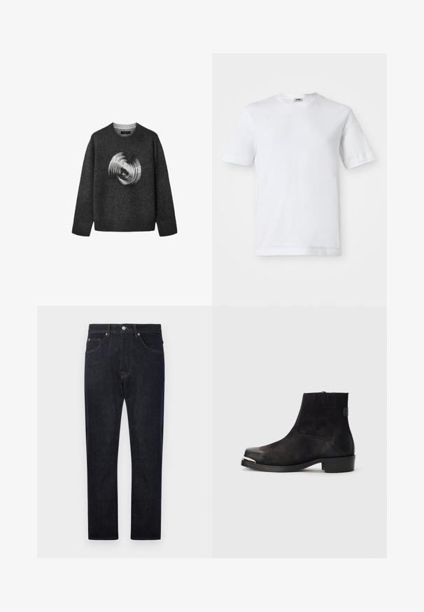 Dunkelgrauer Pullover mit Rundhalsausschnitt und langen Ärmeln, vorne mit einem verschwommenen kreisförmigen "ALLSAINTS"-Logo-Design.; Weißes Baumwoll-T-Shirt mit kurzen Ärmeln, Rundhalsausschnitt und glatter Textur. Keine Muster oder Akzente sind sichtbar.; Dunkelblaue Denim-Jeans mit geradem Bein, ausgestattet mit fünf Taschen, kontrastierenden orangen Nähten und einem Knopfverschluss an der Taille.; Schwarze Knöchelstiefel aus Wildleder und Leder, mit gerundeter Zehenpartie, kleinem Absatz, silbernen metallischen Akzenten an der Zehenpartie und elastischen Seitenpanelen.