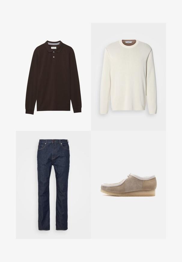 Pull-over crème clair avec un col rond, des manches longues et une texture en maille lisse. Présente un col contrastant marron.; Polo à manches longues en coton marron foncé, doté d'un col, d'une patte de boutonnage à trois boutons et d'accents à rayures blanches. Texture lisse.; Scotch & Soda SKIM BRING IT BACK - Jeans Skinny - dark-blue denim; Chaussure style mocassin en daim beige avec bordure blanche, lacets sur le devant et semelle en crêpe beige, vue de profil sur fond blanc.