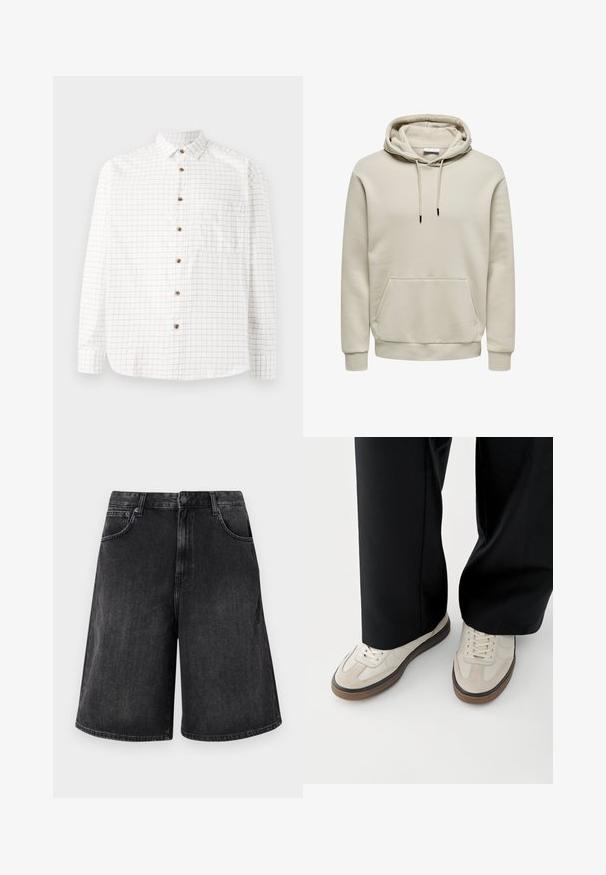 Sweat à capuche beige avec cordons, poche kangourou, poignets et ourlet côtelés, présenté sur fond blanc.; Chemise blanche à boutons avec un motif à carreaux bleu marine, dotée d'une poche poitrine, d'un ourlet arrondi et de boutons en bois. Tissu léger.; Shorts en denim noir avec une coupe large et droite, dotés d'une fermeture à bouton à l'avant et de cinq poches. Texture douce avec une finition délavée.; Pieds portant des baskets beige avec des semelles marron et un pantalon noir à jambes larges sur fond blanc.