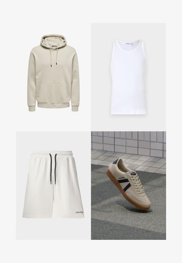 Beige hættetrøje med snore, kængurulomme, ribkanter ved ærmer og kant, vist på hvid baggrund.; Hvid bomulds tanktop med rund hals og brede stropper. Glat tekstur, ingen mønstre, enkelt design og mærkeetiket på halsudskæringen.; Hvide bomuldsbukser med en drawstring livrem og sorte accenter. Har sidelommer og et lille logo på kanten. Blød tekstur.; Beige sneaker med struktureret overflade, marineblå striber og gummisål. Har en polstret tunge og traditionelt snørresystem for en sikker pasform.