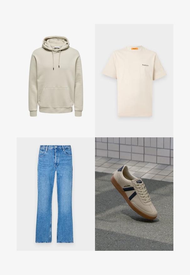 Bežová mikina s kapucňou so šnúrkami, klokanie vrecko, rebrované manžety a lem, zobrazená na bielom pozadí.; Replay Inc. ESSENTIAL LOGO UNISEX - Základné tričko - ivory; Modré rovné džíny vyrobené z denimu so svetlým umytím. Majú zapínanie na gombík, pútka na opasok a štandardný dizajn s piatimi vreckami.; Béžové tenisky s textúrovaným povrchom, námorníckymi pruhmi a gumovou podrážkou. Obsahujú polstrovaný jazyk a tradičný šnurovací systém pre bezpečné prispôsobenie.
