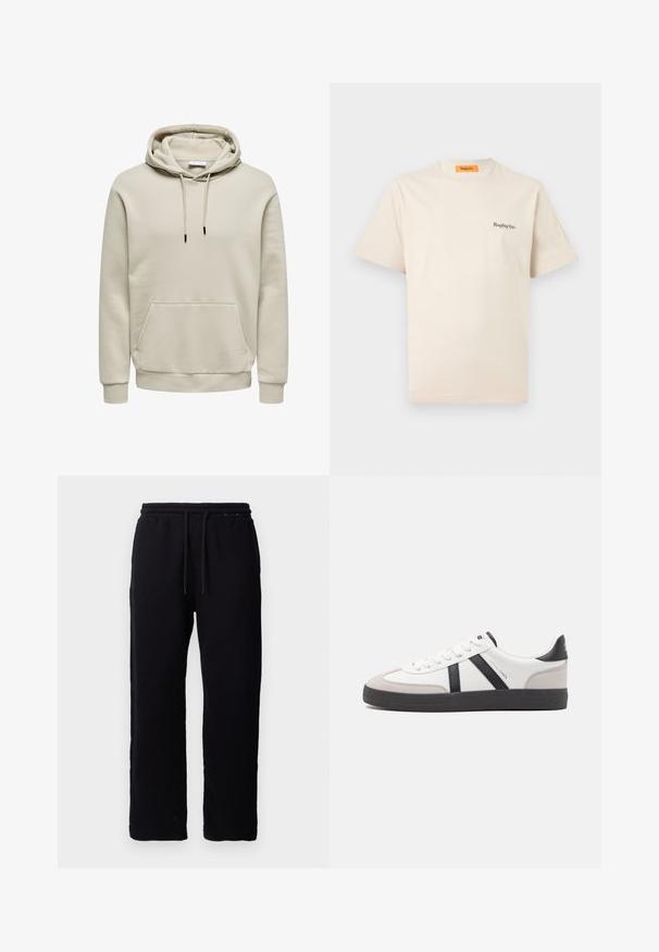 Beige hættetrøje med snore, kængurulomme, ribkanter ved ærmer og kant, vist på hvid baggrund.; Replay Inc. ESSENTIAL LOGO UNISEX - T-shirts basic - ivory; Sorte sweatpants lavet af bomuld, med elastisk talje og snore, lige ben design, og uden synlige mønstre eller detaljer.; Hvide sneakers med sorte og grå detaljer, med en tekstureret grå tåhætte, sort gummisål og flade hvide snørebånd. Rent design, minimalistisk stil.