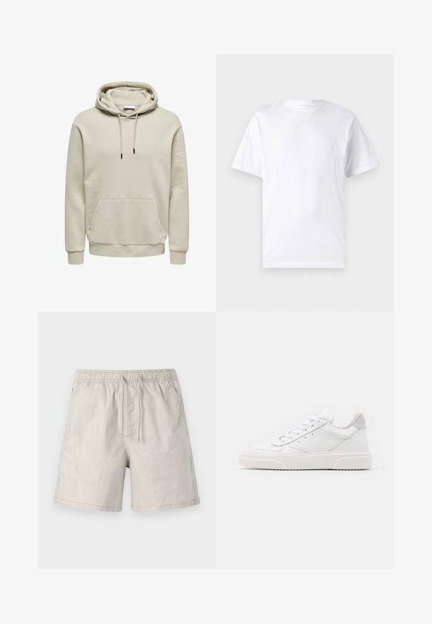 Beiger Pullover-Hoodie mit Kordelzug, Kängurutasche, gerippten Bündchen und Saum, auf weißem Hintergrund dargestellt.; Weißes kurzärmeliges T-Shirt aus Baumwolle mit Rundhalsausschnitt, das eine glatte Textur und ein einfaches Design ohne Muster oder Akzente aufweist.; Beige Shorts aus leichtem Stoff, mit elasticem Taillenbund, Zugband und Seitentaschen mit kontrastierender Naht.; Weiße Leder-Sneaker mit glatter Oberfläche, rundem Zehenbereich, flachen Schnürsenkeln und strukturiertem Schuhsohlen. Graues Wildleder-Detail an der Ferse.
