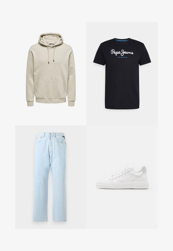 Sweat à capuche beige avec cordons, poche kangourou, poignets et ourlet côtelés, présenté sur fond blanc.; T-shirt en coton noir avec un logo en script blanc "Pepe Jeans" accentué de bleu, col rond et manches courtes. Design simple et uni.; Jeans en denim bleu clair avec une coupe droite. Comprend une fermeture à bouton et à zip, cinq poches et des coutures contrastées.; Des baskets en cuir blanc avec une finition lisse, un bout rond, des lacets plats et une semelle texturée. Accents en daim gris au niveau du talon.