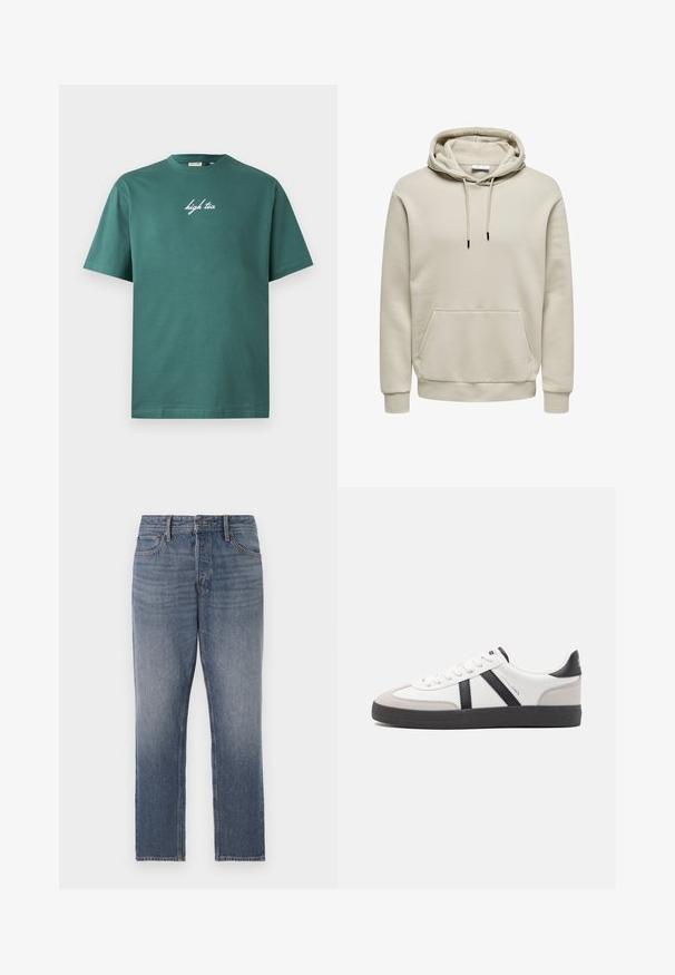 Beige hættetrøje med snore, kængurulomme, ribkanter ved ærmer og kant, vist på hvid baggrund.; Grøn bomuld T-shirt med rund hals og korte ærmer. Har hvid, kursiv tekst "high tea" på forsiden. Enkel design, ingen mønstre.; Mørkeblå denim jeans, lige ben, med en falmet vask, fem lommer og hardware i kobberfarve. Rent, klassisk udseende.; Hvide sneakers med sorte og grå detaljer, med en tekstureret grå tåhætte, sort gummisål og flade hvide snørebånd. Rent design, minimalistisk stil.