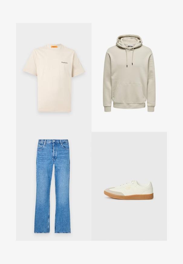 Beiger Pullover-Hoodie mit Kordelzug, Kängurutasche, gerippten Bündchen und Saum, auf weißem Hintergrund dargestellt.; Replay Inc. ESSENTIAL LOGO UNISEX - T-Shirt basic - ivory; Blaue, gerade geschnittene Jeans aus Denim mit einem verfärbten Waschlook. Mit Knopfverschluss, Gürtelschlaufen und dem klassischen Fünf-Taschen-Design.; Sneaker aus weißem Leder mit einer beigen Zehenkappe und leichter brauner Gummisohle. Verfügt über flache weiße Schnürsenkel und geprägtes Branding an der Seite.