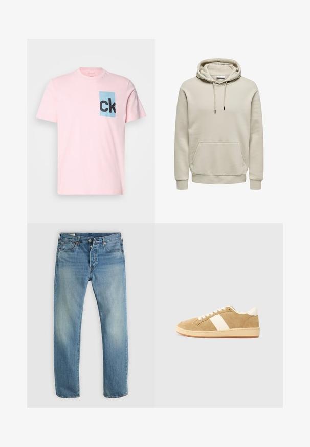 Beige väri college-huppari, jossa nyöritykset, kengurutasku, resorit hihansuissa ja helmassa, esitetty valkoisella taustalla.; Vaaleanpunainen puuvillapaita, jossa on sininen suorakaiteen muotoinen kangas, jossa on musta "ck"-kirjailu. Lyhyet hihat ja pyöreä kaula-aukko. Suora pinta.; Vaaleansiniset farkut suoranlahkeisella designilla, jossa on viisi taskua, kuparinväriset yksityiskohdat ja hillitty haalistuminen kankaan pinnassa.; Vaaleanruskeat mokkakengät, joissa on valkoiset nahkaiset yksityiskohdat. Varustettu beigeillä kumipohjilla, pyöreällä kärjellä ja klassisella nauhakiinnityksellä.