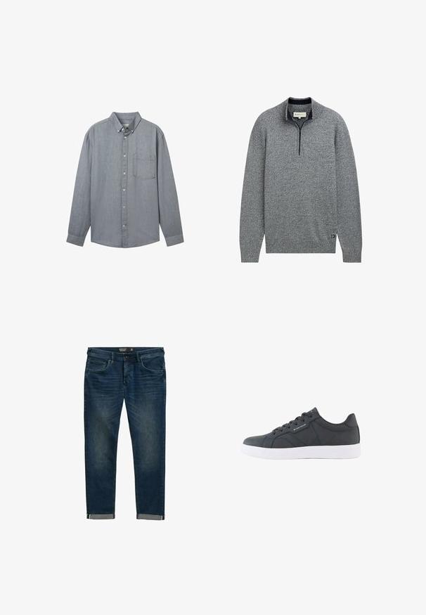 Grå pullover sweater med lynlåskrave, der har et struktureret strikmønster og en blå accent ved kanten med et logodetalje.; Grå skjorte med knapper foran, lange ærmer, krave, en enkelt brystlomme og et struktureret stof. Fastgjort med synlige knapper ned foran.; Mørkeblå denim jeans med regular fit, udstyret med fem lommer, en klassisk lynlåsfront og opsmøg med en kontrasterende indvendig foring.; Sort lavt snøresko med hvid sål, snørelukning foran og diskret "Tom Tailor"-branding på siden og tungespidsen.