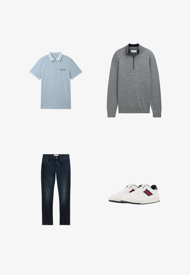 Grå pullover sweater med lynlåskrave, der har et struktureret strikmønster og en blå accent ved kanten med et logodetalje.; Lysblå polo-shirt i blødt stof, med kravehals, to-knap placket og kontrasterende hvid kant på ærmer og krave.; Mørkeblå denim jeans med slim fit, der har fem lommer, knaplukning og diskret falmning foran for tekstur.; TOM TAILOR Sneakers - white navy