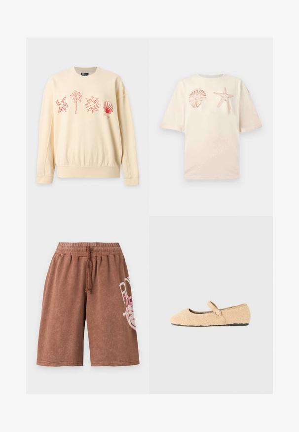 Sweat-shirt beige avec des dessins au trait rouges d'une étoile de mer, un palmier, le soleil et un coquillage sur la poitrine.; Chemise beige à manches courtes avec motifs coquilles roses et étoiles de mer sur la poitrine et encolure arrondie.; Shorts marron jusqu'au genou avec taille élastique et cordon, avec un motif textuel floral blanc et rose partiel sur la jambe droite.; Chaussure plate Mary Jane en beige peluche avec bout arrondi, sangle réglable avec boucle circulaire et semelle noire sur fond blanc.