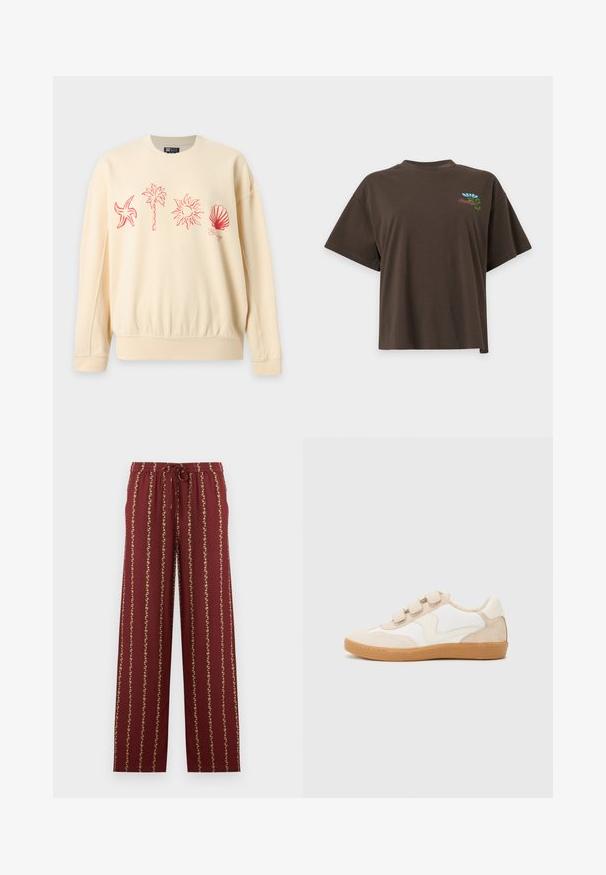Sweat-shirt beige avec des dessins au trait rouges d'une étoile de mer, un palmier, le soleil et un coquillage sur la poitrine.; T-shirt marron foncé à manches courtes avec un petit motif floral bleu et vert et un texte rouge sur la partie supérieure gauche de la poitrine.; Pantalon bordeaux à cordon de serrage avec rayures florales jaunes verticales, taille élastique et coupe droite sur fond blanc.; Baskets en cuir blanc et beige avec des accents en daim, dotées d'un bout rond, de trois bandoulières Velcro et d'une semelle en caoutchouc couleur gomme.