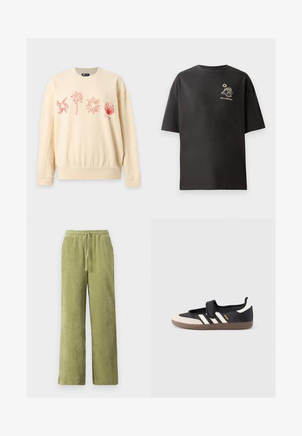 Beige sweatshirt med røde linjetegninger af en søstjerne, en palme, solen og en musling tværs over brystet.; Sort t-shirt med korte ærmer, der har et lille hvidt Billabong logo og grafisk motiv på brystet. Fremstillet af blød bomuld med en afslappet pasform.; Grønne fløjl bukser med vidde, elastisk talje og snøre detaljer. Lodrette ribber i stoffet skaber tekstur.; Sort og beige sko med velcrolukning, tre hvide striber på siden og en tekstureret brun gummisål. Mærkelogo er synligt.