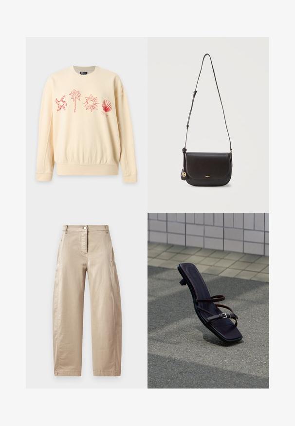 Beige sweatshirt med røde linjetegninger af en søstjerne, en palme, solen og en musling tværs over brystet.; Beige vidde ben bukser i en glat bomuldsblanding, med en frontknaplukning, sidelommer og synlige syninger.; Mørkebrun lædersandal med tynde remme og spænder, der står oprejst på asfalt nær flisebelagt væg.; Sort læder skuldertaske med klaplukning, justerbar rem, lille gyldent "BOSS" logo og vedhæftet mærke med gyldent "B" emblem.