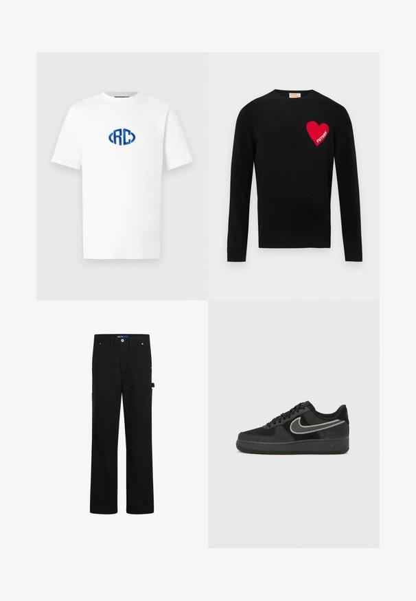 Zwarte gebreide trui met een rood hart en de tekst "FUTURE" op de linkerborst. Ontwerp met ronde hals, lange mouwen en geribbelde manchetten.; Witte T-shirt met korte mouwen en een blauw geborduurd "RC" logo midden op de borst.; Zwarte cargo broek met een rechte snit, voorzien van twee voorzakken, een achterzak en blauwe accenten aan de zijkant en op de tailleband.; Nike Air Force 1 sneaker in zwart suède en leer, met een zilveren swoosh, ronde neus, vetersluiting en een geribbelde rubberen buitenzool.