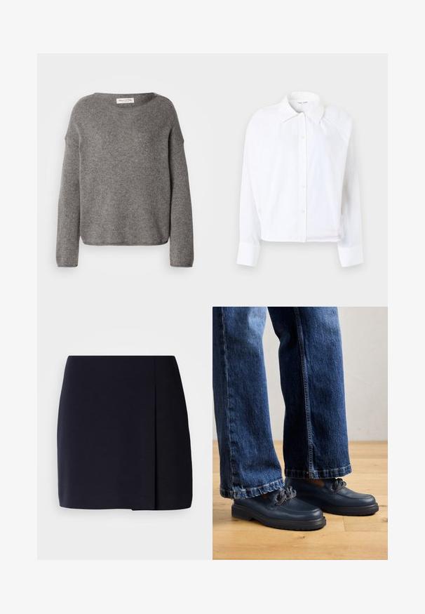 Suéter gris de punto con un ajuste holgado, escote amplio y mangas largas. La tela parece suave, con una textura que sugiere calidez.; Camisa blanca de botones con cuello, mangas largas y diseño corto. Hecha de tela ligera con textura sutil y costuras laterales.; Una minifalda negra con una silueta recta, confeccionada en tela suave, que presenta una tablilla lateral para mayor detalle y un dobladillo limpio.; Zapatos de cuero azul marino con suela gruesa y detalle de cadena en la parte superior, combinados con unos vaqueros de mezclilla oscura de corte holgado.
