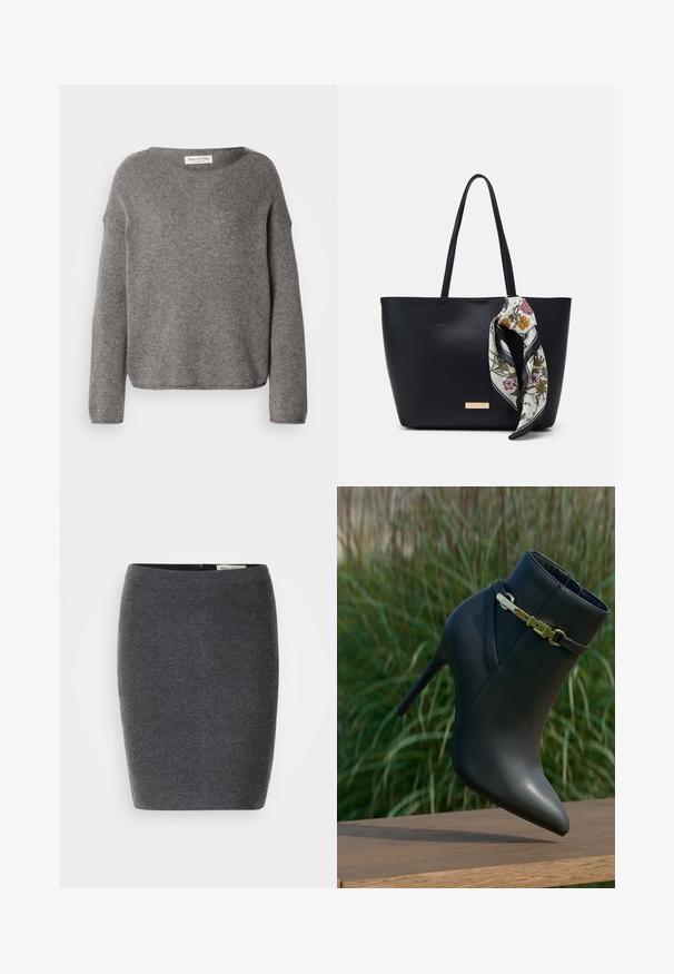Grå strikket sweater med løs pasform, bred halsudskæring og lange ærmer. Stoffet virker blødt og har en tekstur, der antyder varme.; Grå uld blyantskirt med en glat tekstur og tætsiddende design, med en diskret talje og uden synlige udsmykninger.; Sorte højhælede ankelstøvler med spids tå og guldspænde, præsenteret på en træoverflade med grønne planter i baggrunden.; Sort læder tote taske med to skulderremme, prydet med et blomsterprint silkeslør bundet om håndtaget og en metallisk logo detalje på forsiden.