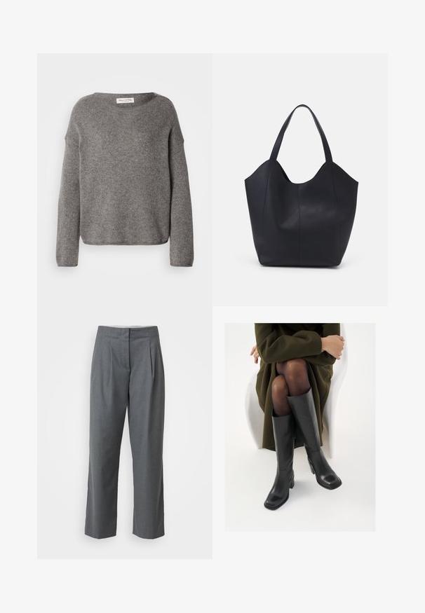 Pull en maille grise à coupe décontractée, col large et manches longues. Le tissu semble doux, avec une texture qui évoque la chaleur.; Pantalons gris ajustés à coupe droite, avec une texture lisse, des plis devant et des poches latérales. Pas de quincaillerie ou d'accents visibles.; Bottes en cuir noires arrivant au genou, avec un bout carré et un talon carré, présentées sur un modèle assis dans un manteau vert olive. Texture lisse, détails minimaux.; Sac fourre-tout noir en cuir lisse, doté d'un haut ouvert et courbé avec deux brides d'épaule et un design minimaliste.