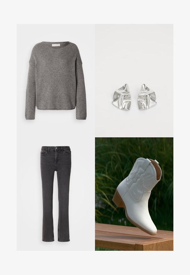 Grå strikket sweater med løs pasform, bred halsudskæring og lange ærmer. Stoffet virker blødt og har en tekstur, der antyder varme.; Sorte denim jeans med lige pasform, der har forlommer, lynlås og subtile stiksyninger. Stoffet har en let tekstur.; Hvid læder cowboystøvle til midt på læggen med dekorative syninger og en stablet træsål, hvilende på en træoverflade udendørs.; Sølvmetal øreringe med et bølgende, skulpturelt design, der har en poleret overflade og uregelmæssige former, hvilket fremhæver en moderne æstetik.