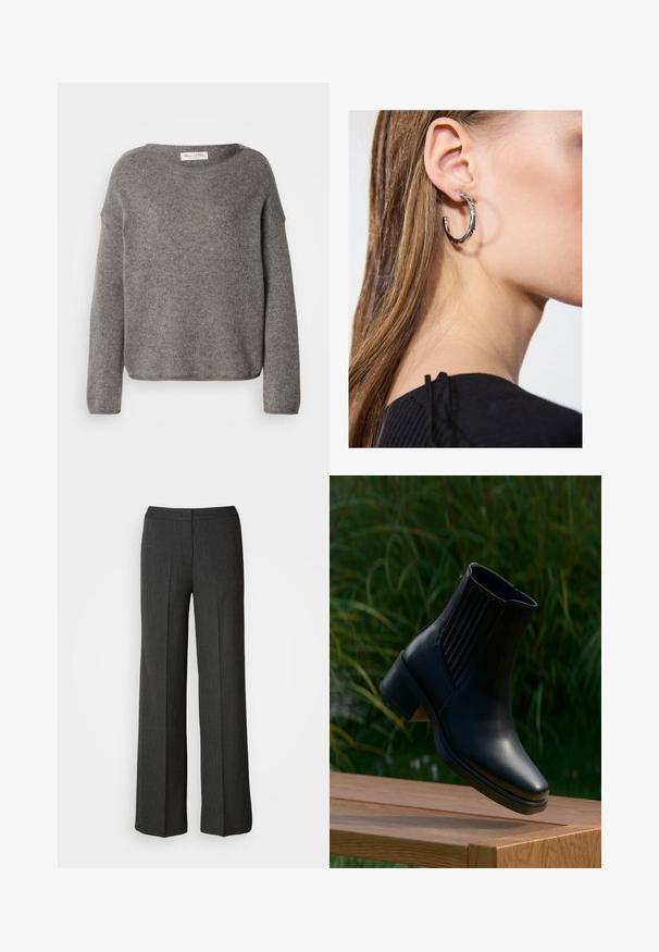 Suéter gris de punto con un ajuste holgado, escote amplio y mangas largas. La tela parece suave, con una textura que sugiere calidez.; Pantalones de pierna ancha en gris oscuro, hechos de tejido texturizado. Cuentan con una cinturilla ajustada y un sutil patrón de rayas.; Bota negra de cuero hasta el tobillo con paneles laterales elásticos y tacón bajo de bloque, posicionada en el aire sobre una superficie de madera con un fondo de follaje verde.; Pendiente de aro de plata con un acabado pulido, que presenta pequeños detalles en dorado y una forma redonda, llevado en el lóbulo.