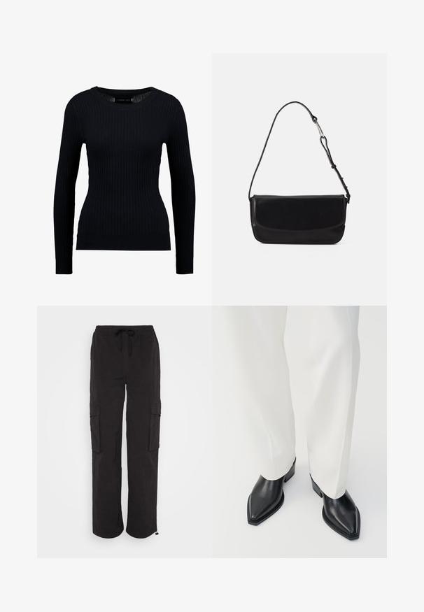 Čierny rebrovaný sveter s dlhými rukávmi, okrúhlym výstrihom a priliehavým strihom. Štruktúra je hladká s jemným elastickým pocitom.; Sofie Schnoor TROUSERS - Kapsáče - black; Čierne ankle boots s ostrou špičkou a hladkým koženým povrchom, s nízkym blokovým podpätkom, v kombinácii s bielymi širokými nohavicami. Jednoduchý a moderný dizajn.; Vagabond DEIA - Kabelka - black