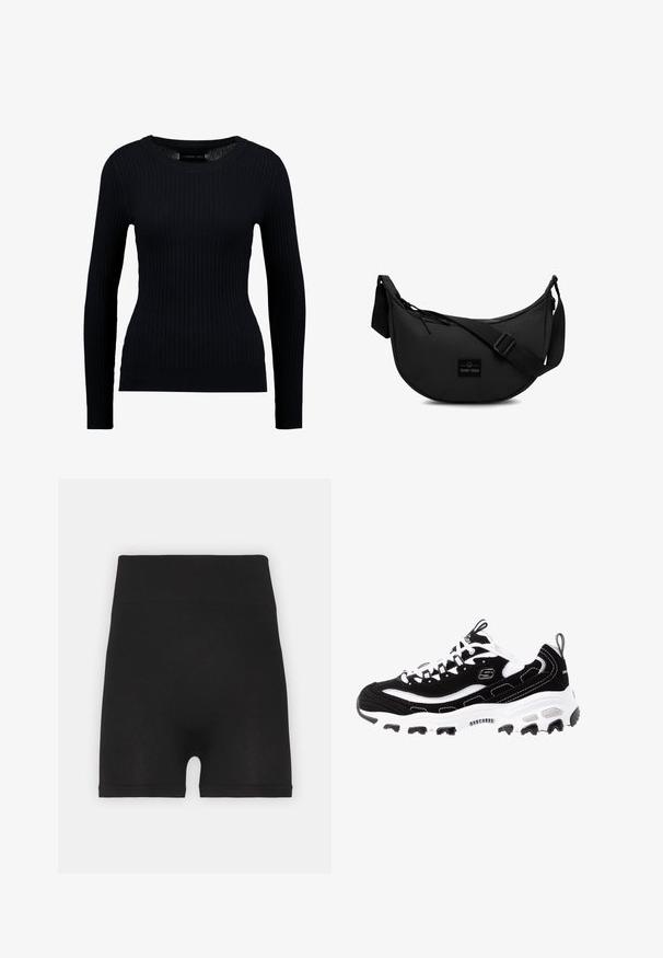 Sort ribbet langærmet sweater med rund halsudskæring og tætsiddende silhuet. Teksturen er glat med en subtil strækbarhed.; Sorte ribbede cykelshorts med høj talje og blød tekstur, der har en glat overflade og ingen synlige sømme.; Sort og hvid atletisk sko med overdel i ruskind, polstret krave og let sål. Har fremtrædende logo og kontrasterende syninger.; Sort crossbody taske lavet af holdbart stof, med en rund form, justerbar rem og et logo-patch på forsiden.