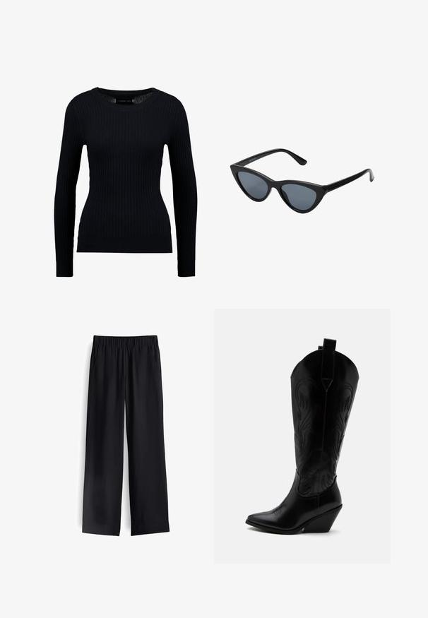 Schwarzer, gerippter Langarmpullover mit rundem Halsausschnitt und taillierter Silhouette. Die Textur ist glatt mit einem dezenten Stretch.; Schwarze weit geschnittene Hose aus glattem Stoff, mit elastischem Bund und zwei vorderen Taschen, mit einem fließenden Fall und minimalistischem Design.; Schwarzer Leder-Cowboystiefel mit spitzer Zehe, schrägem Blockabsatz, dekorativer Naht und Zuglaschen oben vor weißem Hintergrund.; Schwarze Cat-Eye-Sonnenbrille mit dunkelgrauen Gläsern, schlankem Kunststoffrahmen, spitzen Ecken und geraden Bügeln. Keine sichtbaren Befestigungen oder Akzente.