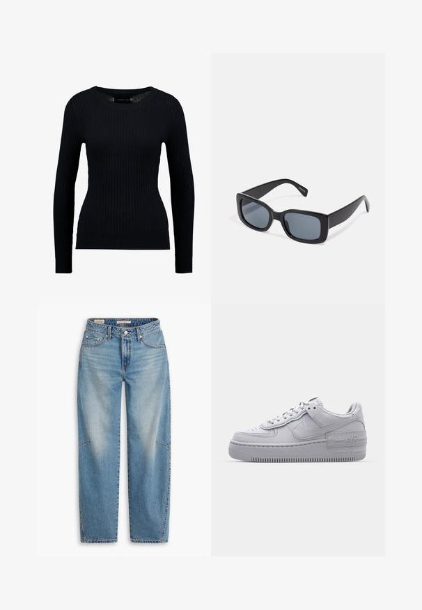 Suéter negro de manga larga con costillas, de cuello redondo y silueta ajustada. La textura es suave con un ligero estiramiento en todo el tejido.; Jeans de mezclilla azul claro con un ajuste holgado, diseño de pierna recta, bragueta de botones y estilo de cinco bolsillos, con sutiles detalles de desteñido y costuras.; Zapatilla Nike Air Force 1 gris con puntera perforada, parte superior de cuero suave, suela gruesa y detalle en relieve 'AIR' en el talón.; Gafas de sol rectangulares negras con lentes oscuros, montura de plástico grueso y patillas anchas. Superficie lisa y diseño anguloso.