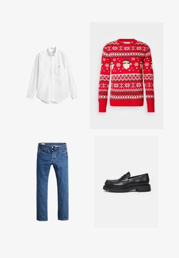 Pull en tricot rouge avec des motifs de Père Noël, des flocons de neige et des motifs géométriques en blanc et vert. Poignets et ourlet côtelés, design col rond.; Chemise blanche boutonnée, manches longues, tissu en coton doux, ourlet arrondi, poche poitrine unique, petit logo sur la poche, col classique.; Jean en denim bleu avec une coupe droite, dotés d'une fermeture à bouton à l'avant, de passants de ceinture et d'un style classique à cinq poches.; Mocassin en cuir noir avec semelle épaisse crantée et détail de bride penny, présenté en profil droit sur fond blanc.