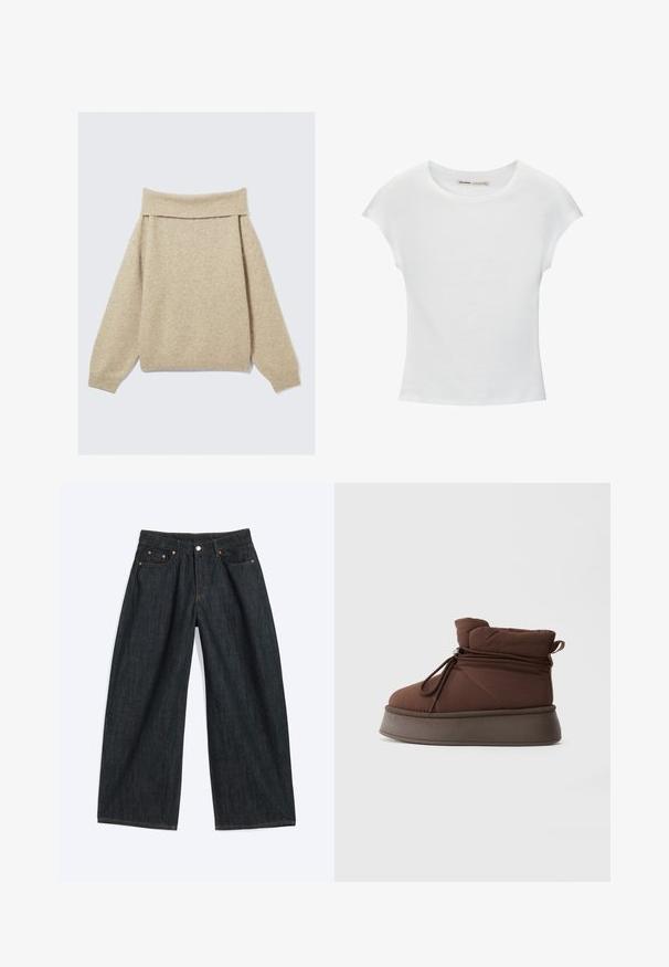 Beige off-shoulder trui gemaakt van zacht breimateriaal. Heeft een brede ribbelkraag en verlaagde schouders. Getextureerde stof met lichte variatie.; Witte katoenen T-shirt met korte, opgerolde mouwen, een ronde halslijn en een rechte zoom. Gladde textuur zonder zichtbare patronen of accenten.; Donkerblauwe denim jeans met wijde pijpen, voorzakken en riemlussen, plat gelegd op een lichte achtergrond.; Bruin gewatteerd winterboot met dikke zool en trekkoordsluiting tegen een effen lichte achtergrond.