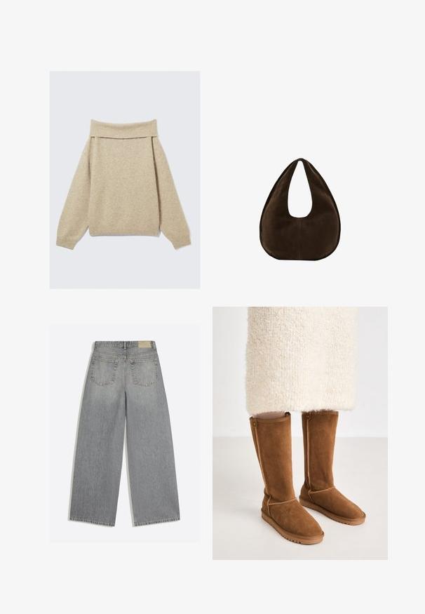 Pull beige décontracté à épaules nues fabriqué en tissu tricoté doux. Présente un large col côtelé et des épaules tombantes. Tissu texturé avec légère variation.; Jean en denim gris à jambes larges montrant l'arrière avec deux poches et des passants de ceinture, posé à plat sur fond blanc.; Bottes en suède marron à hauteur de genou avec une texture lisse, présentant des coutures latérales et une semelle en caoutchouc pour une bonne traction.; Sac à main en daim marron foncé en forme de croissant avec une seule sangle large et une texture lisse sur fond blanc.