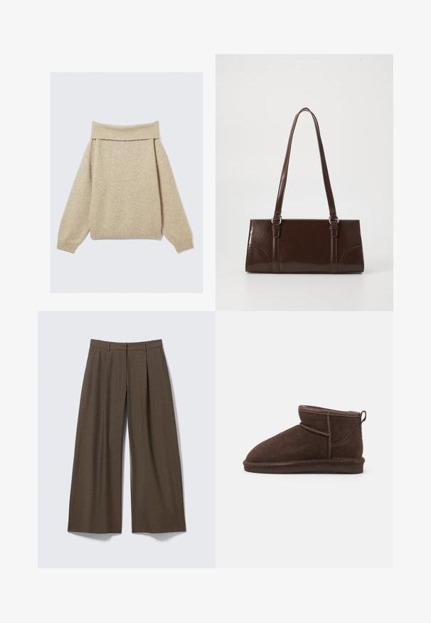 Beige off-shoulder trui gemaakt van zacht breimateriaal. Heeft een brede ribbelkraag en verlaagde schouders. Getextureerde stof met lichte variatie.; Bruine brede pijpen broek met krijtstreep, riemlussen en voorplooien, plat uitgestald op een lichtgrijze achtergrond.; Bianco BIASNOW - Enkelkaarsjes - dark brown; Bruine lakleren handtas met een rechthoekige vorm, twee lange handvatten en subtiele gebogen accenten aan de voorkant.