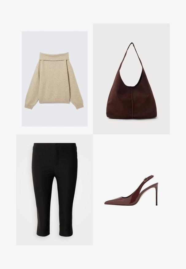 Beige off-shoulder trui gemaakt van zacht breimateriaal. Heeft een brede ribbelkraag en verlaagde schouders. Getextureerde stof met lichte variatie.; Zwarte, nauwsluitende, cropped broek met een platte tailleband en zonder zichtbare zakken of versieringen, afgebeeld tegen een witte achtergrond.; Donkerbruine lakleren slingback met spitse neus, hoge hak en verstelbare gespriem. De slanke stilettohak voegt een elegante touch toe.; Bruine suède hobo tas met een grote, gebogen opening en een brede schouderband. Heeft een centrale naad aan de voorkant. Glad van structuur.