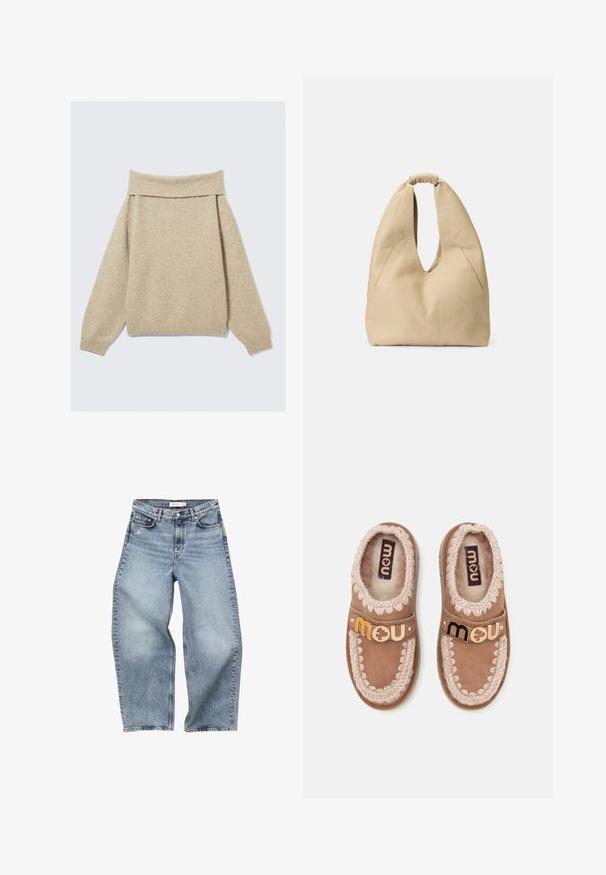 Beige, schulterfreies Sweatshirt aus weichem Strickmaterial. Verfügt über einen breiten gerippten Kragen und herabfallende Schultern. Strukturierter Stoff mit leichten Variationen.; Hellblaue High-Waist-Denim-Jeans mit weitem Bein, fünf Taschen und einem Knopfverschluss, flach auf weißem Hintergrund liegend.; Paar braune Mokassin-Hausschuhe aus Wildleder mit cremefarbenem Strickbesatz und gebrandetem Metalllogo am Riemen, von oben auf weißem Hintergrund betrachtet.; Beige Lederhandtasche mit einzigartiger S-Form, weicher Textur und einem geschlungenen Griff. Verfügt über zwei diagonale Taschen auf der Vorderseite.