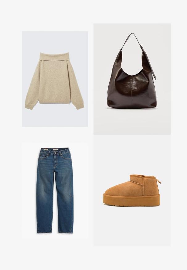 Beige off-shoulder trui gemaakt van zacht breimateriaal. Heeft een brede ribbelkraag en verlaagde schouders. Getextureerde stof met lichte variatie.; Blauwe denim jeans met een relaxte pasvorm, voorzien van een hoge taille, rechte pijpen, zichtbare stiksels en een kleine accent op de linkerknee.; Bruine suède enkellaarzen met een ronde neus, laag uitgesneden ontwerp en een gestructureerde rubberen zool met een lichte plateauzool en een trekhaak.; Donkerbruine glanzende leren schoudertas met een enkele brede riem en gespsdetail aan één kant, tegen een effen lichte achtergrond.