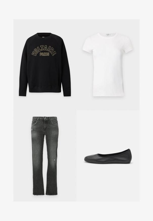 Sweat-shirt noir à manches longues avec poignets et ourlet côtelés, avec texte en jaune contourné "VOLTAIRE PARIS" sur le devant.; T-shirt à manches courtes blanc côtelé avec un col rond. Le tissu semble lisse avec une silhouette ajustée. Étiquette de marque visible au niveau du col.; Jeans en denim noir avec une coupe droite, présentant des détails subtils d'usure et une disposition classique à cinq poches. Fermeture à bouton standard et passants de ceinture.; Ballerines en cuir noir avec un bout rond, texture lisse, détails de couture minimalistes et design de semelle flexible.