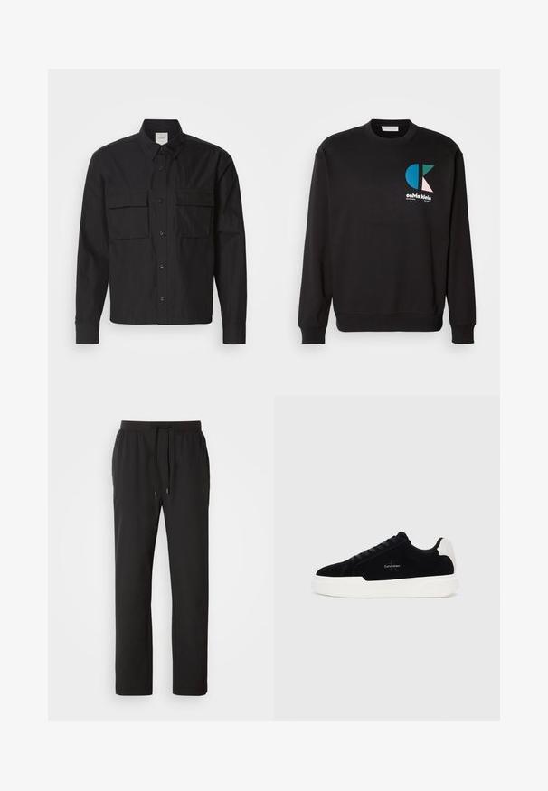 Sort sweatshirt med rund hals og lange ærmer, der har et farverigt CK-logo i blå, grøn og pink på fronten. Glat tekstur.; Sort langærmet skjorte med knapfront, to brystlommer, en lige krave og en tekstureret stoffinish. Subtilt brandlogo på lommen.; Sorte joggerbukser lavet af letvægtsstof, med elastisk talje med justerbare snore og sidelommer. Glat tekstur.; Sort lave sneakers med hvid sål og hæltap, snørebånd fortil, og Calvin Klein-logo på siden.