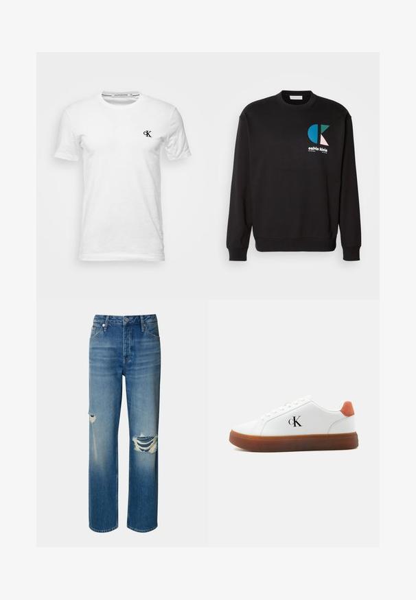 Sort sweatshirt med rund hals og lange ærmer, der har et farverigt CK-logo i blå, grøn og pink på fronten. Glat tekstur.; Hvid T-shirt med korte ærmer og rund hals med lille sort "CK"-logo på venstre bryst, mærke Calvin Klein Jeans, størrelse medium.; Lyseblå denimjeans med høj talje, lige ben og slidte huller på begge knæ. Har det klassiske fem-lommer design og en knaplukning.; Hvid lavt snøresneaker med brun sål, orange hælstrop, snørebånd og "cK" logo på siden.
