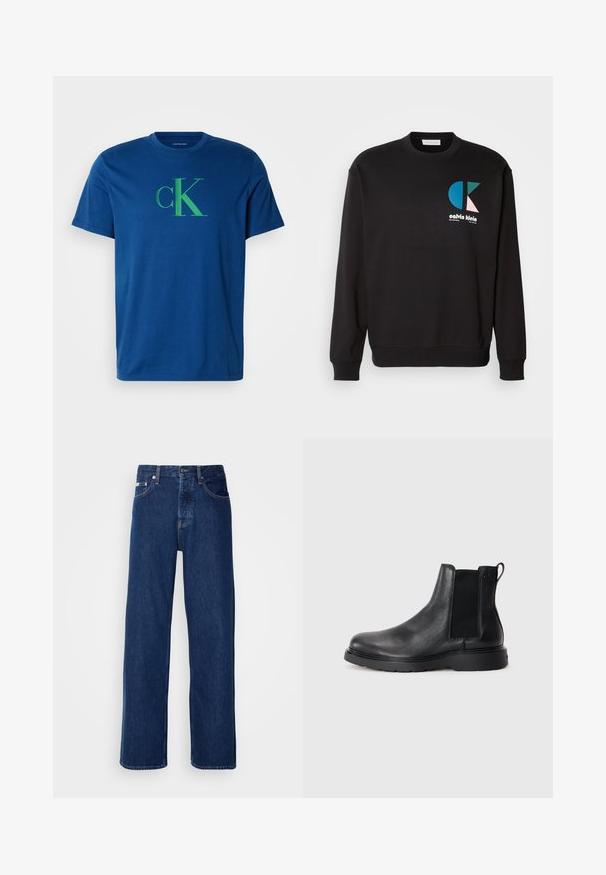 Mustast särk ümmarguse kaelusega ja pikkade käistega, mille esiküljel on värvikas CK logo sinine, roheline ja roosa. Sile tekstuur.; Sinine puuvillane T-särk, millel on roheline "cK" logo. Ümar kaelus, lühikesed varrukad, regulaarne sobivus, sile tekstuur ja ilma nähtavate mustriteta.; Tumedat sinised teksapüksid laia säärega, millel on nupulehe ja klassikaline viie taskuga stiil. Kangas on sileda tekstuuriga.; Mustad mustad Chelsea saapad, millel on tekstuuriga viimistlus, elastsed külgtaskud ja vastupidav kummist tald. Discreetne bränding kontsapuntšel.