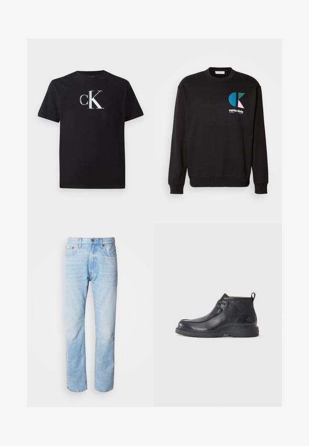 Zwarte sweatshirt met ronde hals en lange mouwen, voorzien van een kleurrijk CK-logo in blauw, groen en roze op de voorkant. Gladde textuur.; Zwarte katoenen t-shirt met een zilveren "ck" logo aan de voorkant. Korte mouwen en een ronde halslijn met een normale pasvorm.; Lichtblauwe denim jeans met een rechte pijp, met vervaagde delen, vijf-pocket ontwerp en een klassieke knoopsluiting.; Zwarte leren enkellaarsjes met een ronde neus, vetersluiting en een lipje aan de achterkant. Geribbelde bovenkant en rubberen zool.