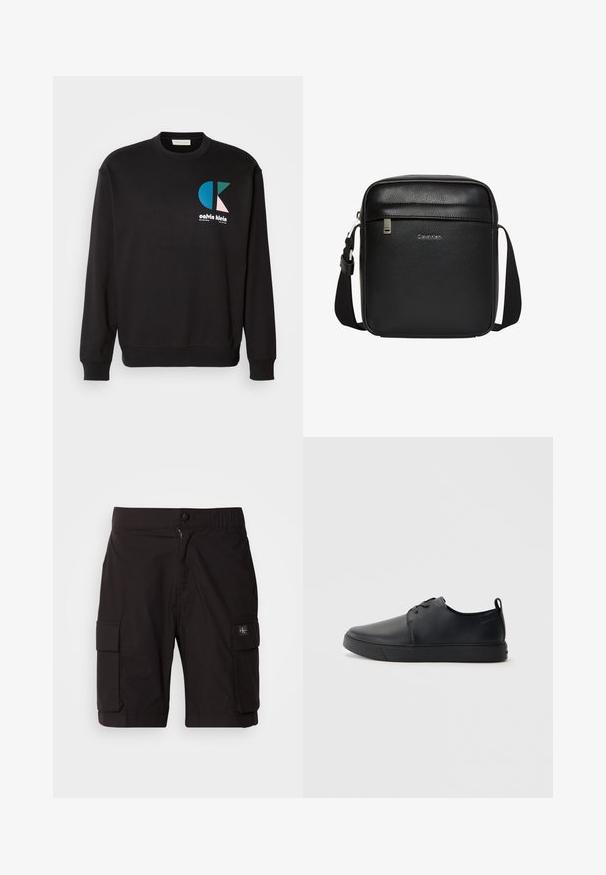 Sort sweatshirt med rund hals og lange ærmer, der har et farverigt CK-logo i blå, grøn og pink på fronten. Glat tekstur.; Svarte cargo-shorts lavet af letvægtsstof. Har knap- og lynlåslukning, to sidelommer til cargo og syningdetaljer.; Sorte lædersneakers med en glat finish, rund tå, tonalt syning, snøring foran og en flad gummisål. Løkke ved hælen.; Sort Calvin Klein skuldertaske med justerbar rem, forreste lynlåslomme og subtilt logo på tekstureret læderoverflade.