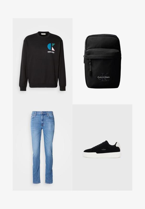Sudadera negra con cuello redondo y mangas largas, que presenta un colorido logo de CK en azul, verde y rosa en la parte frontal. Textura suave.; Vaqueros de mezclilla azul para hombre con corte recto, bolsillos delanteros y traseros, y una pequeña etiqueta de Calvin Klein cerca del bolsillo delantero derecho.; Zapatilla negra de corte bajo con suela blanca y tab de talón, parte delantera con cordones y logo de Calvin Klein en el lateral.; Bolso bandolera negro de Calvin Klein con bolsillo delantero con cremallera, logo "cK" en relieve y nombre de la marca bordado en blanco.