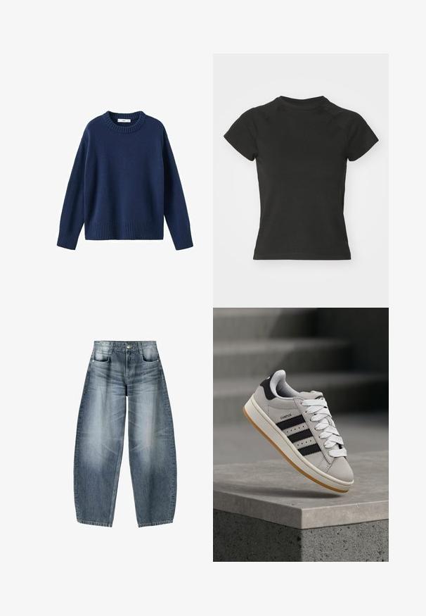 Pull tricoté bleu marine avec un col rond côtelé, des manches longues et un ourlet côtelé. Texture douce, design décontracté et coupe ample.; Noisy May NMKATINKA - T-shirt basique - black; Jean large en denim bleu clair avec décoloration, présentant un design à cinq poches, un bouton de fermeture et des détails de couture minimaux.; Baskets Adidas Campus grises avec des rayures noires et des lacets blancs flottant au-dessus d'un rebord en béton avec des escaliers en arrière-plan.