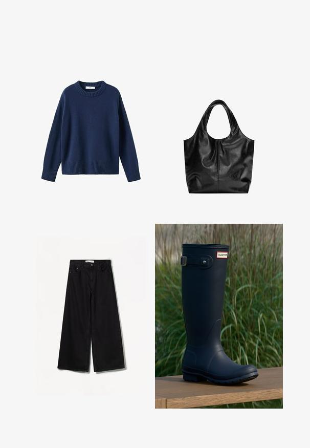 Marineblå strikket sweater med ribbet rund halsudskæring, lange ærmer og ribbet kant. Blød tekstur, afslappet design og rummelig pasform.; Sorte bredbenede jeans lavet af denim. Har en høj talje, for- og baglommer samt sølvfarvet hardware på knap- og lynlåslukningen.; Marine gummistøvle med rund tå, tekstureret overflade, justerbar spænde detaljer og Hunter-logo nær toppen. Stabilt sål med mønster.; Sort læder tote taske med en glat overflade, en blød, afrundet top og brede håndtag. Har minimal syning og en afslappet silhuet.