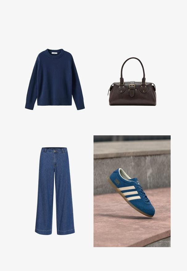 Donkerblauwe gebreide trui met een geribde ronde hals, lange mouwen en geribde zoom. Zachte textuur, casual ontwerp en ontspannen pasvorm.; Wijduitlopende denim broek in donkerblauw. Gemaakt van katoen, met een knoopsluiting, voorzakken en een nette zoom.; Blauwe suède sneaker met crèmekleurige strepen en veters, zool van gumrubber, gestructureerd oppervlak, afgeronde neus en merkopdruk aan de zijkant.; Donkerbruine leren handtas met twee handvatten, een centrale gespband en gouden metalen details.