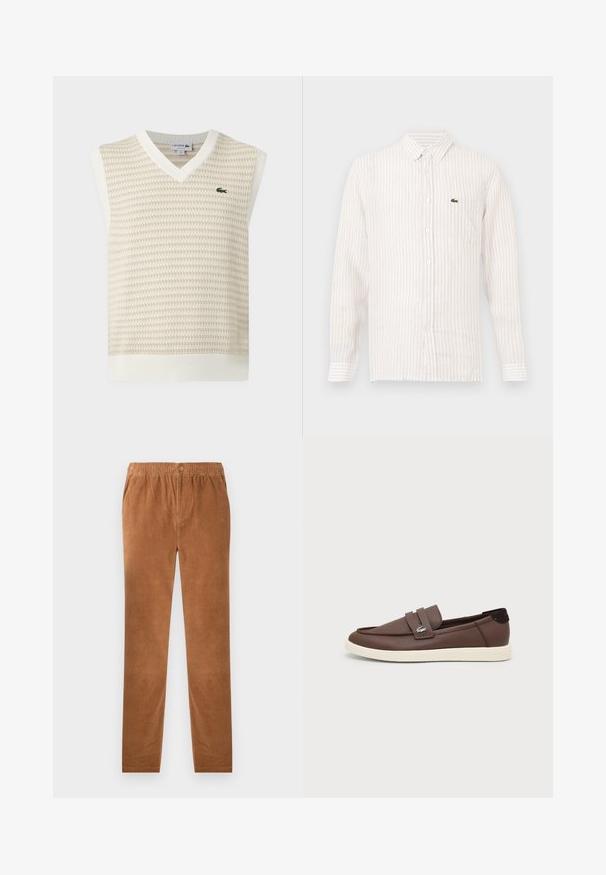 Chaleco de punto sin mangas en beige y blanco con cuello en V y pequeño logo verde de cocodrilo en el pecho.; Camisa de rayas de color claro con mangas largas, cuello abotonado y un pequeño logo verde en el bolsillo del pecho izquierdo. Material de algodón.; Pantalones de pana marrón con cintura elástica, que cuentan con un cierre de botón. Diseño de pierna recta y tela suave y texturizada.; Mocasín de cuero marrón con suela de goma blanca, diseño sin cordones y pequeño logotipo metálico de cocodrilo en la correa lateral.