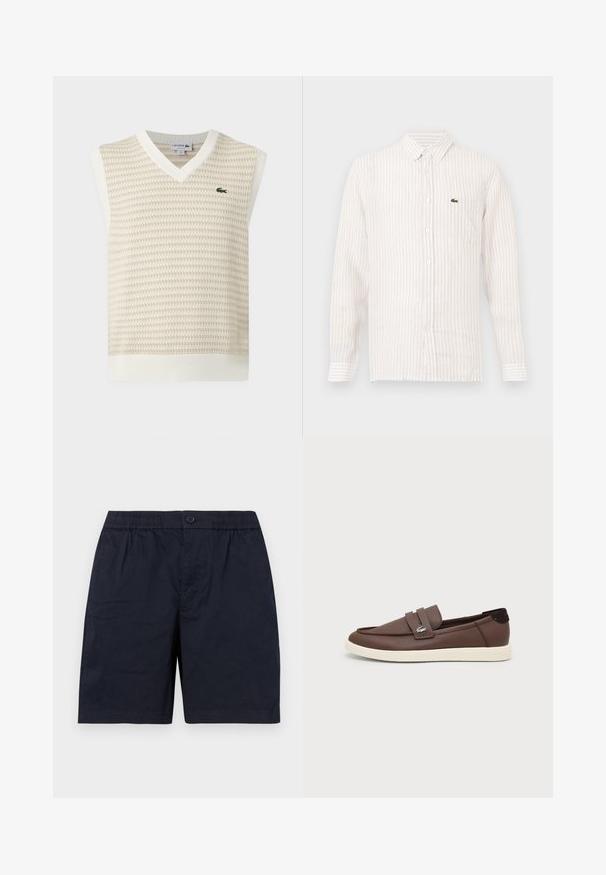 Gilet sans manches en maille beige et blanche avec col en V et petit logo crocodile vert sur la poitrine.; Chemise à rayures claires avec des manches longues, col boutonné et un petit logo vert sur la poche gauche de la poitrine. En coton.; Shorts décontractés bleu marine avec taille élastique, bouton à l'avant et poches latérales, posés à plat sur un fond blanc.; Mocassin en cuir marron avec semelle en caoutchouc blanche, design slip-on et petit logo crocodile métallique sur la lanière latérale.