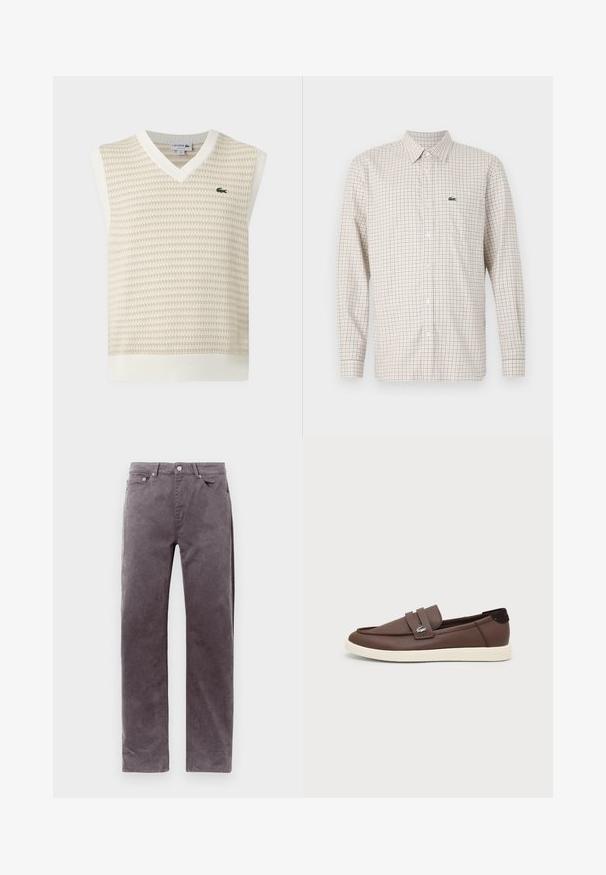Gilet sans manches en maille beige et blanche avec col en V et petit logo crocodile vert sur la poitrine.; Chemise beige à manches longues avec motif quadrillé rouge et bleu, fermée par des boutons à l'avant, col et logo crocodile vert sur la poitrine gauche.; Pantalon en velours côtelé marron à jambe droite avec poches avant et passants de ceinture, présenté sur un fond blanc uni.; Mocassin en cuir marron avec semelle en caoutchouc blanche, design slip-on et petit logo crocodile métallique sur la lanière latérale.