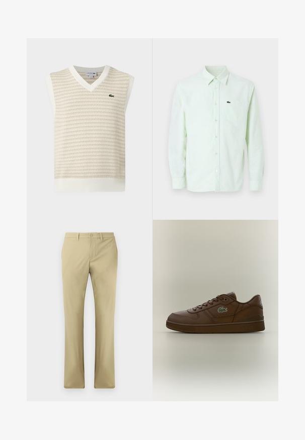 Gilet sans manches en maille beige et blanche avec col en V et petit logo crocodile vert sur la poitrine.; Chemise à manches longues à rayures vert clair et blanches, avec col et poche poitrine ornée d'un petit logo crocodile.; Pantalons beiges avec une coupe à l'avant plate, fermeture à bouton et jambe droite. Fabriqués en tissu lisse avec des coutures minimales visibles.; Baskets basses en cuir marron avec un design à lacets et un logo crocodile vert sur le côté, présentées sur un fond neutre uni.