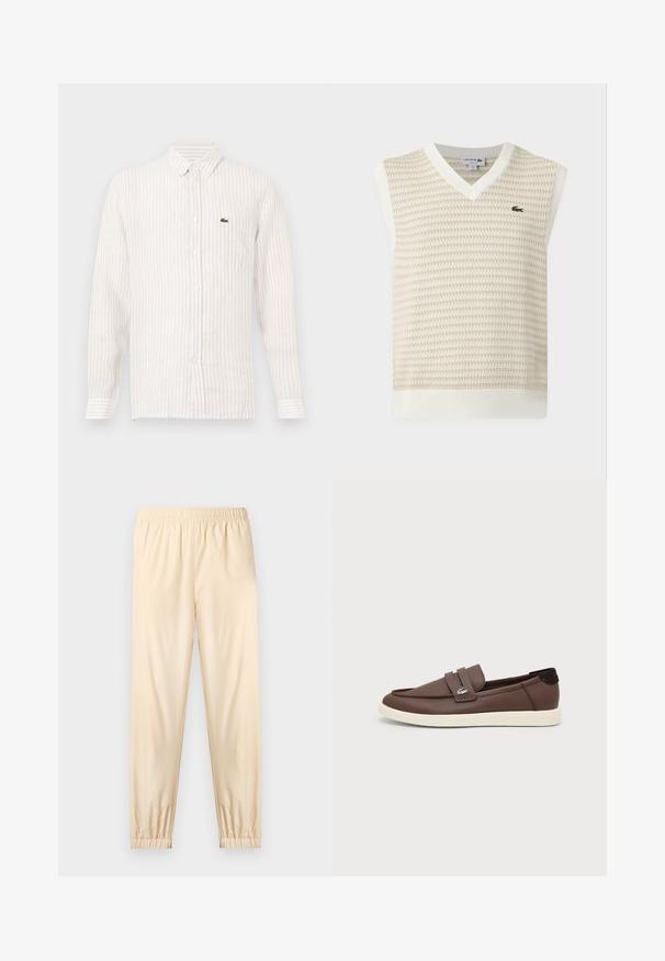 Gilet sans manches en maille beige et blanche avec col en V et petit logo crocodile vert sur la poitrine.; Chemise à rayures claires avec des manches longues, col boutonné et un petit logo vert sur la poche gauche de la poitrine. En coton.; Pantalon beige clair à taille élastique avec poignets froncés, coupe droite et tissu lisse, présenté sur un fond clair uni.; Mocassin en cuir marron avec semelle en caoutchouc blanche, design slip-on et petit logo crocodile métallique sur la lanière latérale.