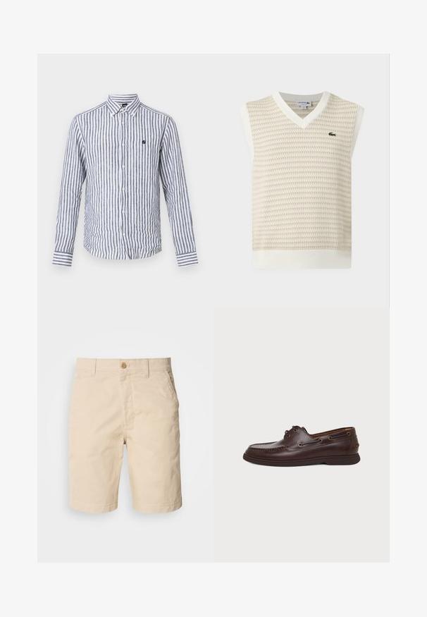 Gilet sans manches en maille beige et blanche avec col en V et petit logo crocodile vert sur la poitrine.; Chemise homme à manches longues avec rayures verticales bleu marine et blanches, col boutonné et petit logo brodé sur la poitrine.; Shorts en coton beige avec une fermeture à bouton à l'avant, des poches latérales et une coupe droite. Texture lisse avec des détails de couture soignés.; Chaussure bateau en cuir marron foncé avec œillets pour lacets, couture moc toe et semelle plate en caoutchouc sur un fond clair uni.